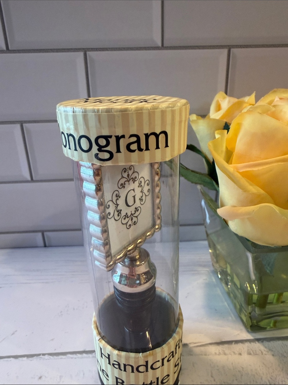 Monogram Decorative Wine Bottle Stopper - Silver & Cream